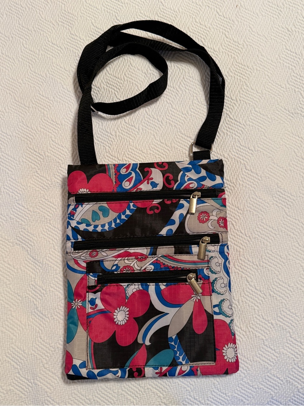 Floral Print Crossbody Bag in Black, Pink & Blue